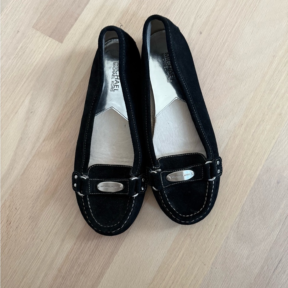 Michael Kors Women’s Black Suede Loafers |Flats | White Stitch | Silver Logo 9.5